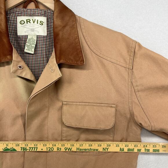 ORVIS Jacket Mens L Chore Barn Coat Houndstooth Lined Leather Trim Hunting Brown - Picture 13 of 16